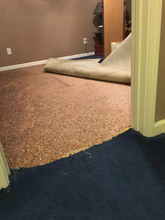 Carpet pad removal revealing water damage during Water Mitigation Services in Birmingham